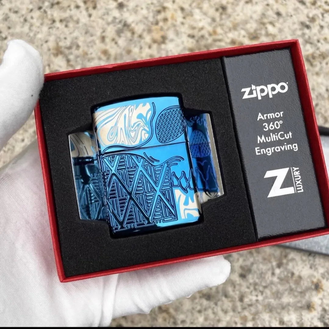 Zippo Lighter Limited Edition All-Sided Inciso Blue Chrome Squisita Collezione Antivento In Scatola