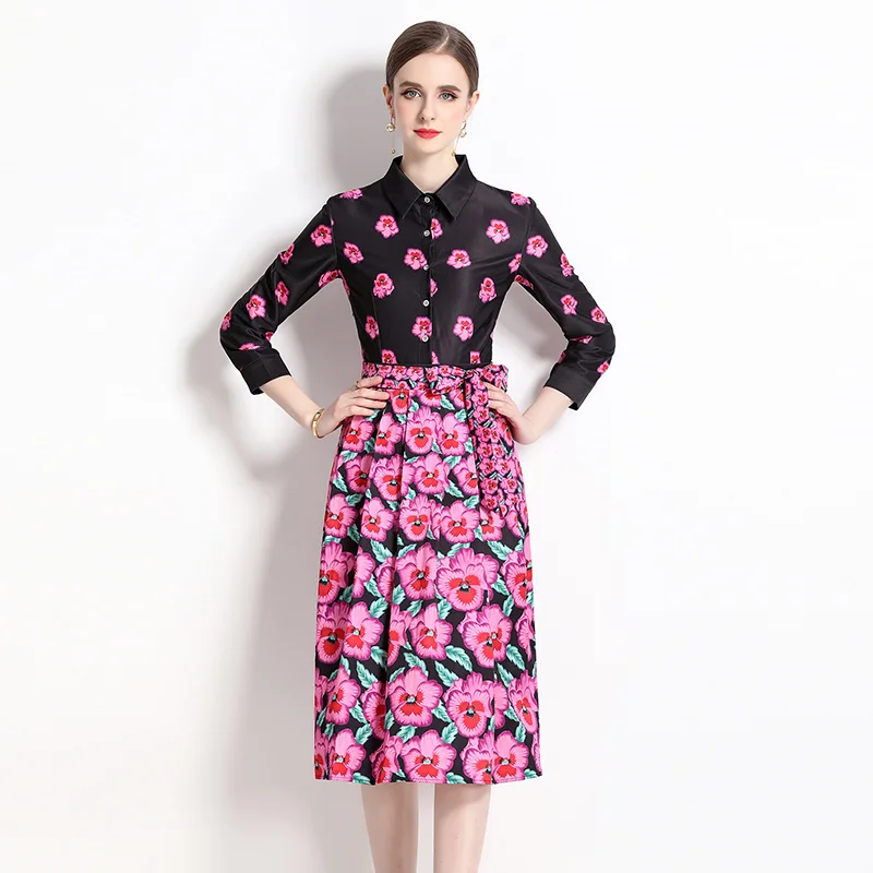 

Spring Summer Fashion Runway Shirt Dress Women Long Sleeve Single Breasted Vintage Floral Printing Bohemain Midi Vestidos M6010
