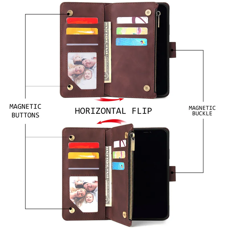 Leather Zipper Purse Flip Wallet Phone Case with Multi-Card Slots