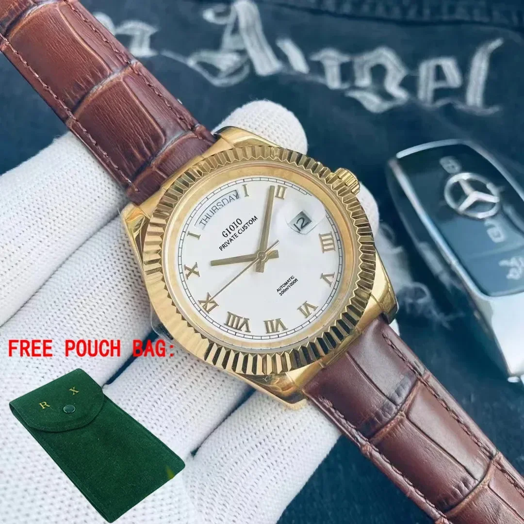 

Luxury Automatic Mechanical Mens Watch Daydate Stainless Steel Rose Gold Silver Black Blue Leather White Rome Dial 41mm
