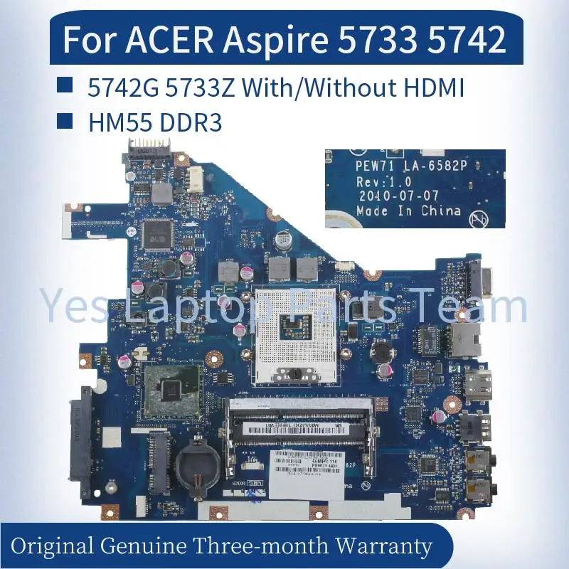 Placa-mãe do Portátil para Acer Aspire Pew71 La6582p 5733 5742 5742 5742g 5733z Pga 988a Hm55 com ou Nenhum Hdmi Ddr3 - Imagem 2