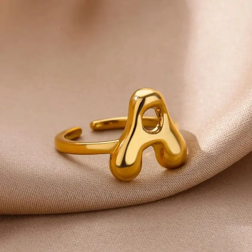 Chunky Initial Letter Rings For Women Gold Color A-Z Letters Opening Finger Ring