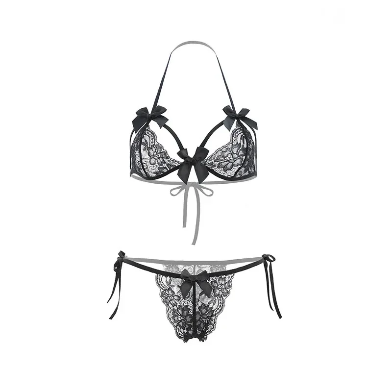 Lace Temptation Three-Point Bra And Panties Women's Transparent Nightgown Set Attracting Underwear Intimate Apparel