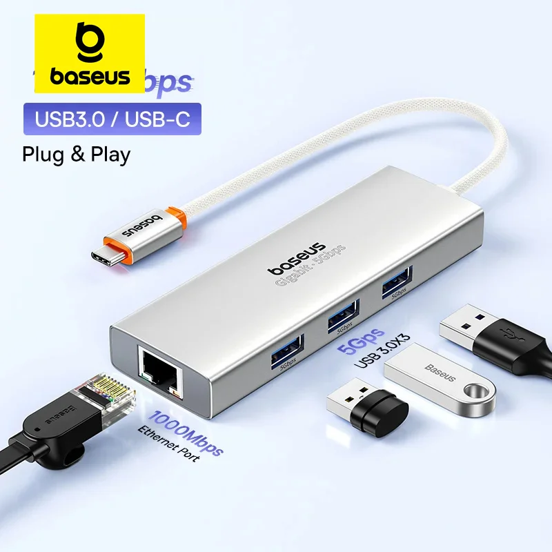 

Baseus USB Hub with1000Mbps Ethernet Port 3* USB 3.0 Usb Adapter RJ45 Lan USB C hub for PC Mi Box Macbook Laptop Accessories