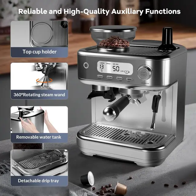 Espresso Machine With Grinder, LCD Display, Professional Coffee Maker With Powerful Milk Frother, Single & Double Coffee Maker 2