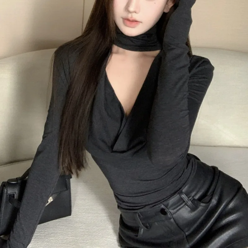 

Женский укороченный топ в стиле ретро, винтажная Корейская Ретро футболка со складками и воротником, уличная одежда, осень 2024