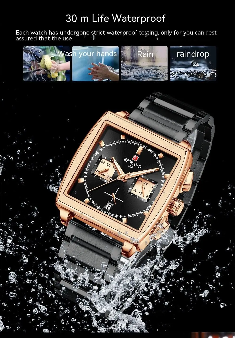 Nouvelle montre Reward Square Montre d'affaires pour hommes Calendrier de synchronisation 24 heures Multifonctionnel Étanche Montre pour hommes Bracelet en acier inoxydable_voghion.com