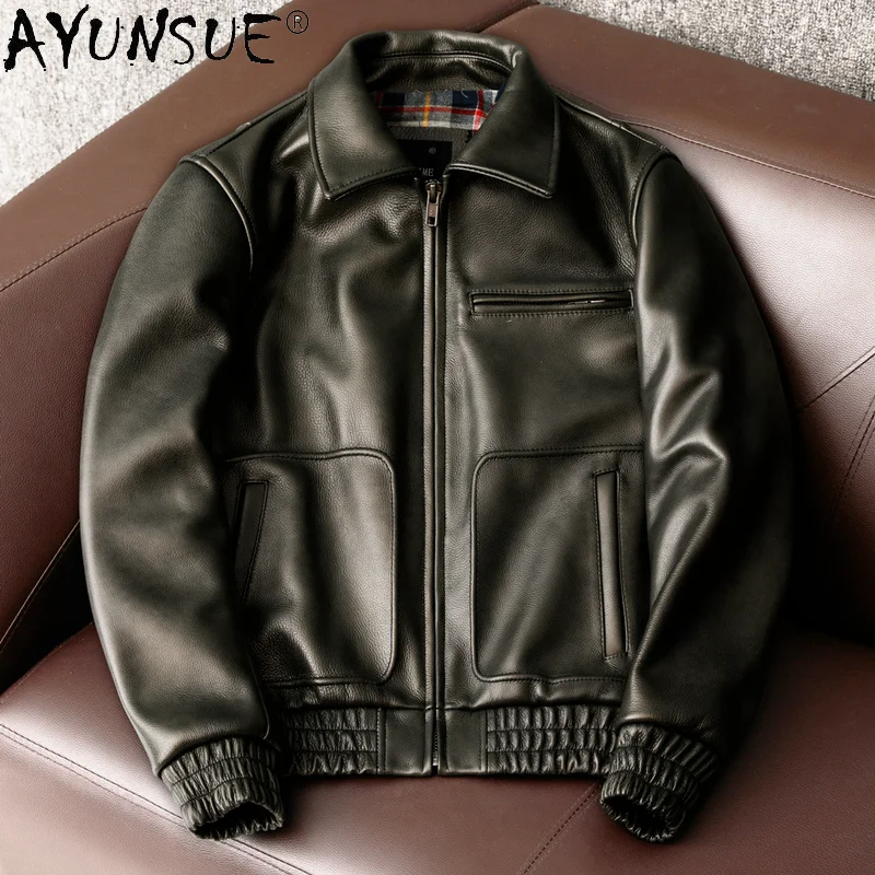 

AYUNSUE High Quality Real Leather Jacket Men Spring Autumn 2024 100% Cowhide Coat Casual Clothing Plus Size 5xl Veste Homme