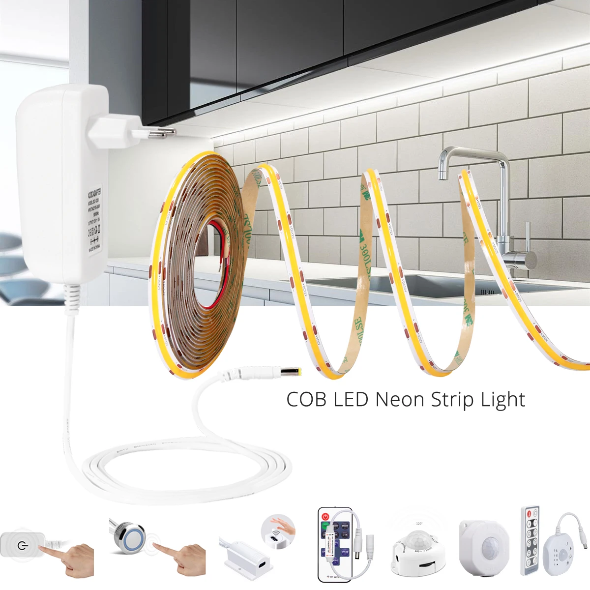 COB Led Strip Tape Light 12V 320 leds/m Width 8mm with Adapter RF Remote Cabinet Door Touch Dimmer Hand Sweep PIR Motion Sensor led strip lights led strip light led light strip
