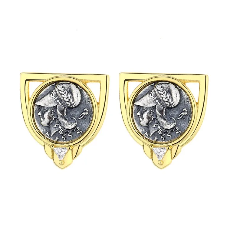 

YDNF-2 ZFSILVER 925 Silver Fashion High Quality Gold Retro Athena Greek Ancient Coin Earrings Jewelry Women Match-all Gift Girl