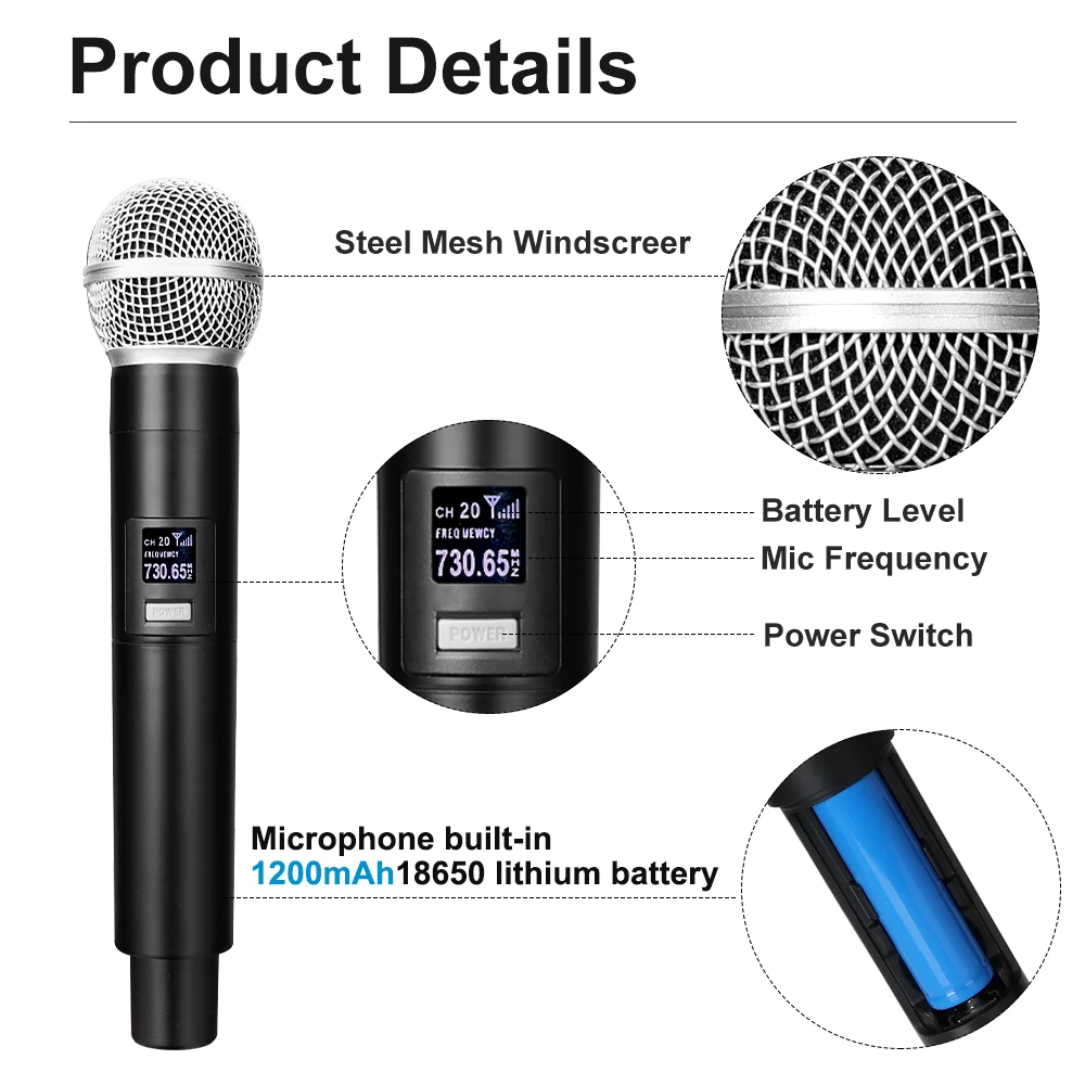 Microphone portatif radio UHF avec récepteur - Alimenté par 4 piles AA