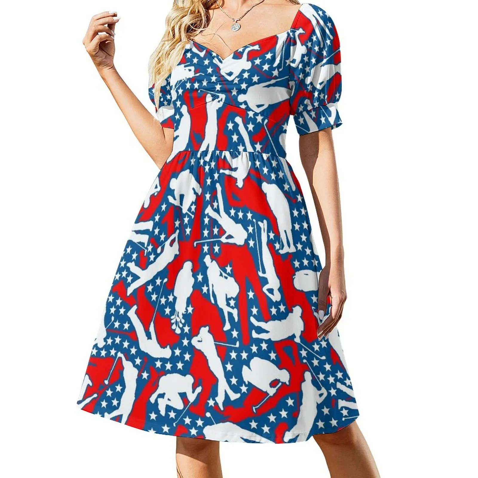 thumbnail image 1 of Vestido de fiesta de manga corta con estampado de bandera de EE. UU. para amantes del golf, golfista profesional, para mujer, 1 of 7