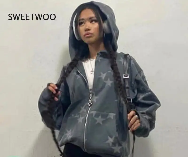 2022 Vintage Sweatshirt Women Fashion Star Graphic Long Sleeves Zip Up Hoodies Women Kawaii Oversized Streetwear Y2K Emo Outfits