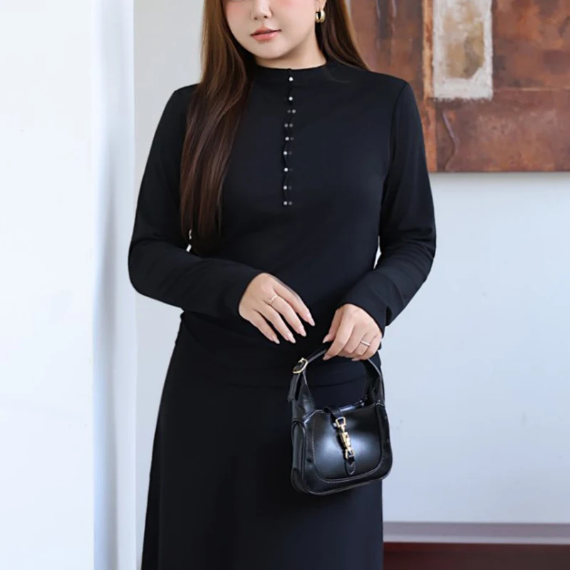 XXXXL Fashion Plus Size Women's T-Shirt Premium Pearl Modal Mock Neck Base Tees Autumn Winter Simple And Comfortable Tops