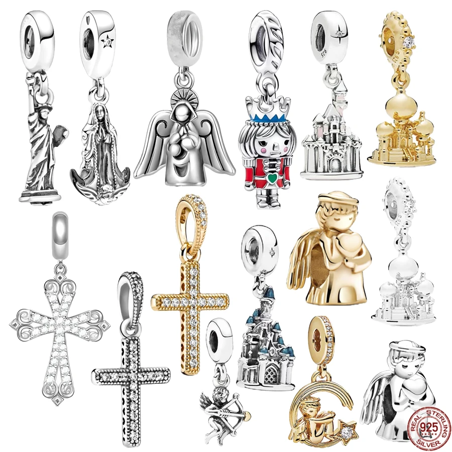 

Hot Sale Sparkling Cross Pendant 925 Sterling Silver Church Dangle Angle Charm Beads Fit Original Pandora Bracelet DIY Jewelry