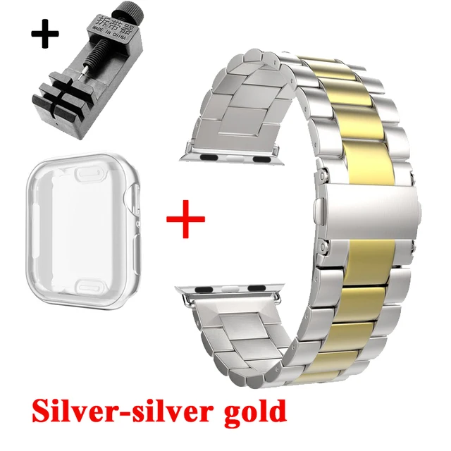 Watch Case+Strap For iWatch Band 38mm 42mm Steel Metal Bracelet For Apple Watch 7 44mm 40mm SE Series 6 5 4 Cover Band 45mm 41mm Silver -Silver gold
