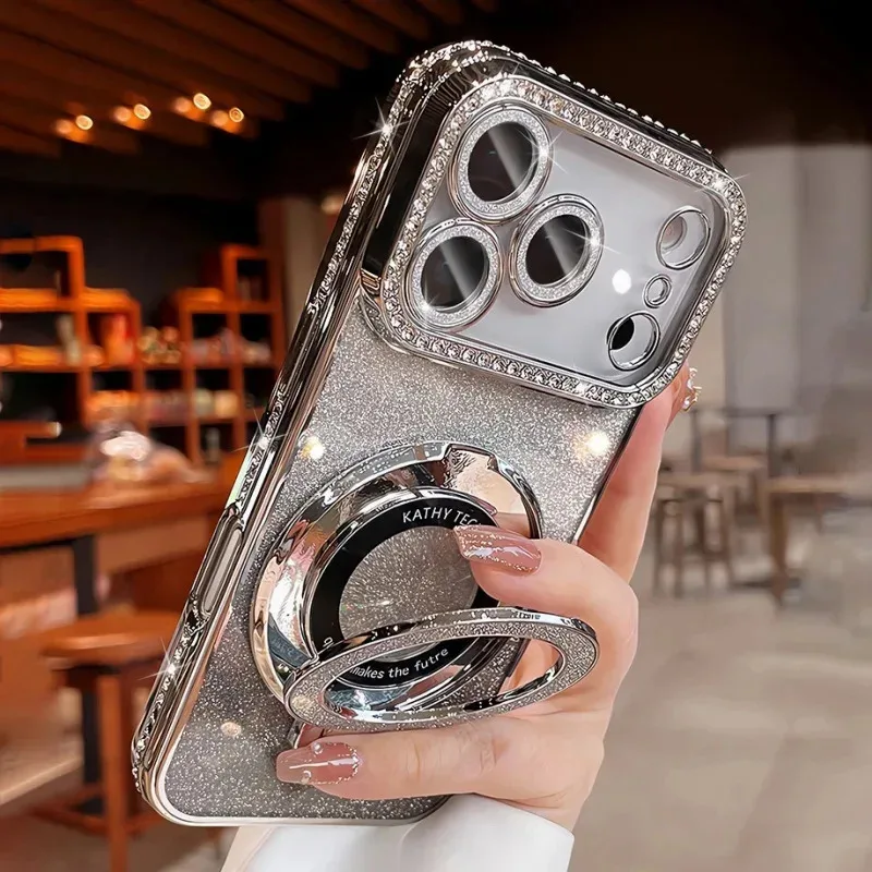 Plating transparent diamond glitter magnetic phone case for iPhone 17 16 13 14 15 Pro Max lens protection bracket back cover 6