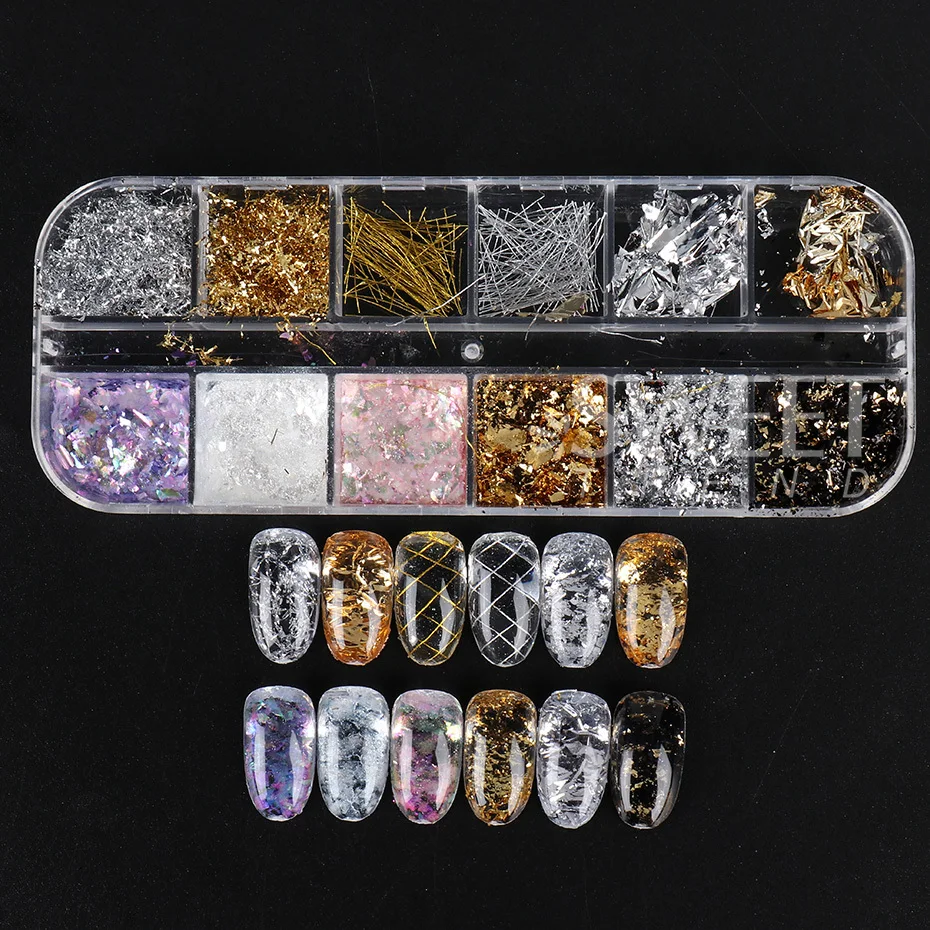 12 Grid Aurora Crystal Opal Powder Nail Glitter Iridescent Dust Charm Aluminum Foil Nail Flakes Slice Sparkly Sequin Manicure