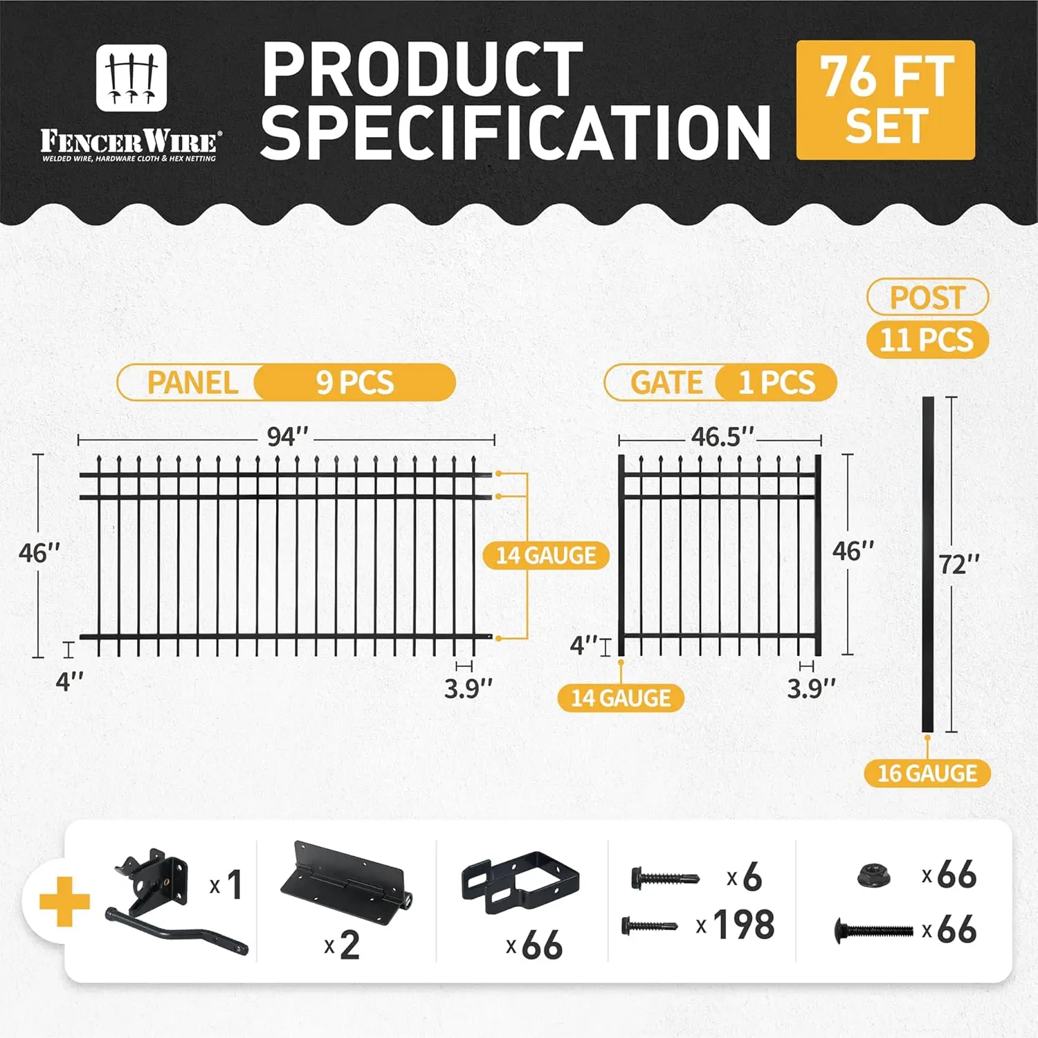 Fencer Wire 76Ft Heavy Duty Pinnacle Fence Barrier Kit, Anti-Rust Metal Steel Fence With 4Ft Height X 8Ft Width Panels, Gate, 2
