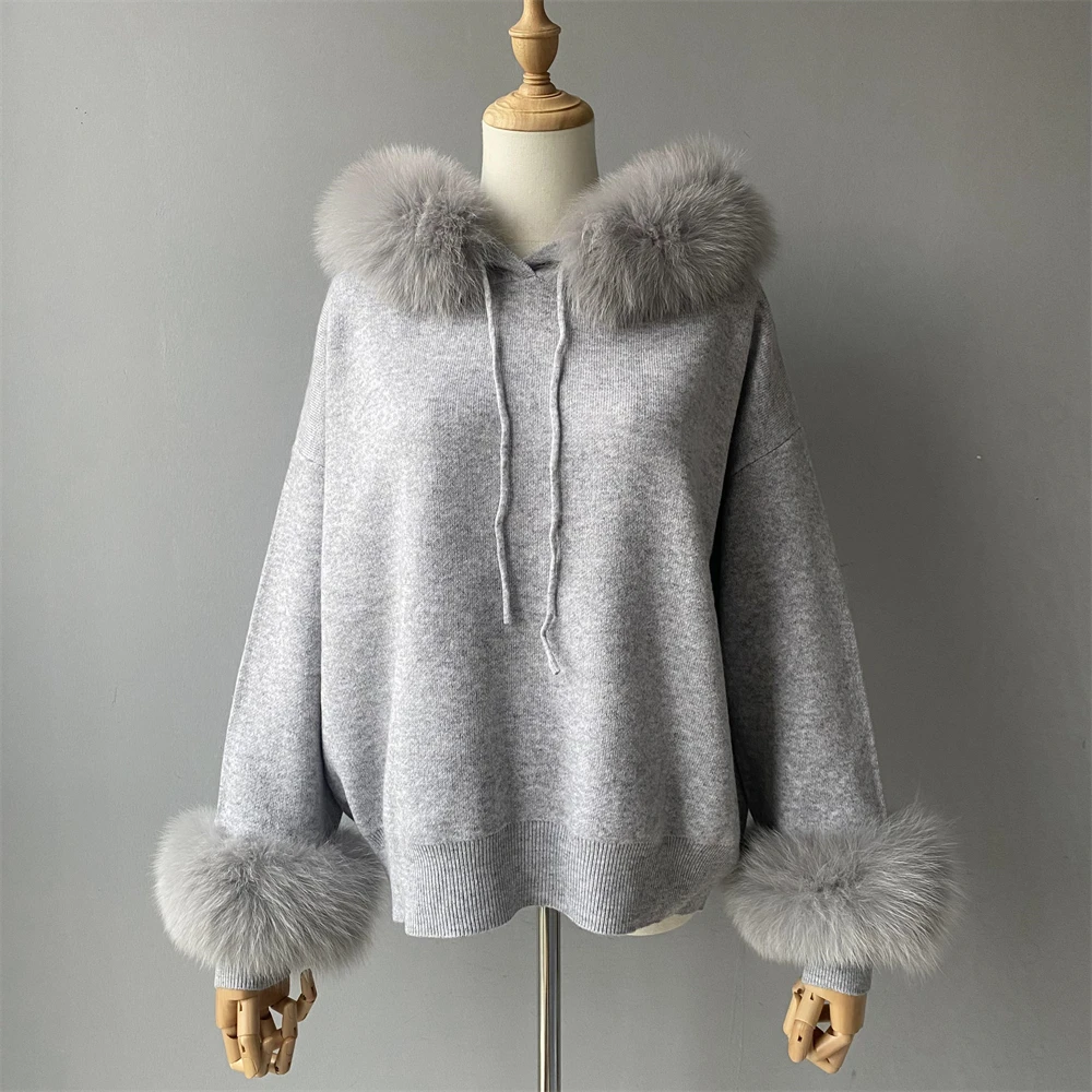 Knit sweater set with faux fur cuffs close up