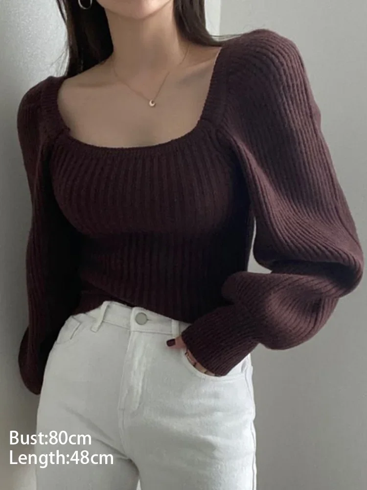 New Solid Color Women's Square Neck Low Neck Lantern Sleeve Sweater Fashion Long Sleeve Slim Knitwear Top