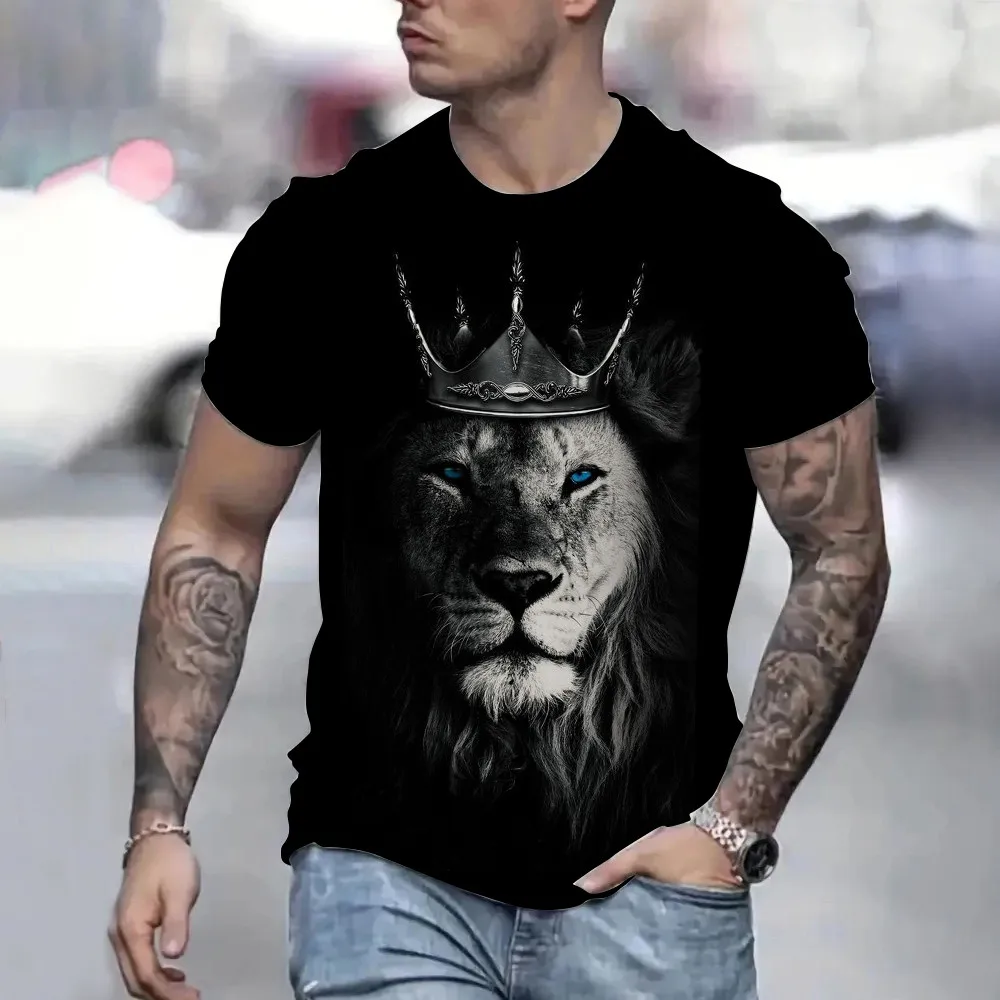 

Summer Men's T-shirt 3D Lion Black Print T-shirt 2024 Men's T-shirts Casual Loose Oversized Tees Street Style Short Sleeve Tops