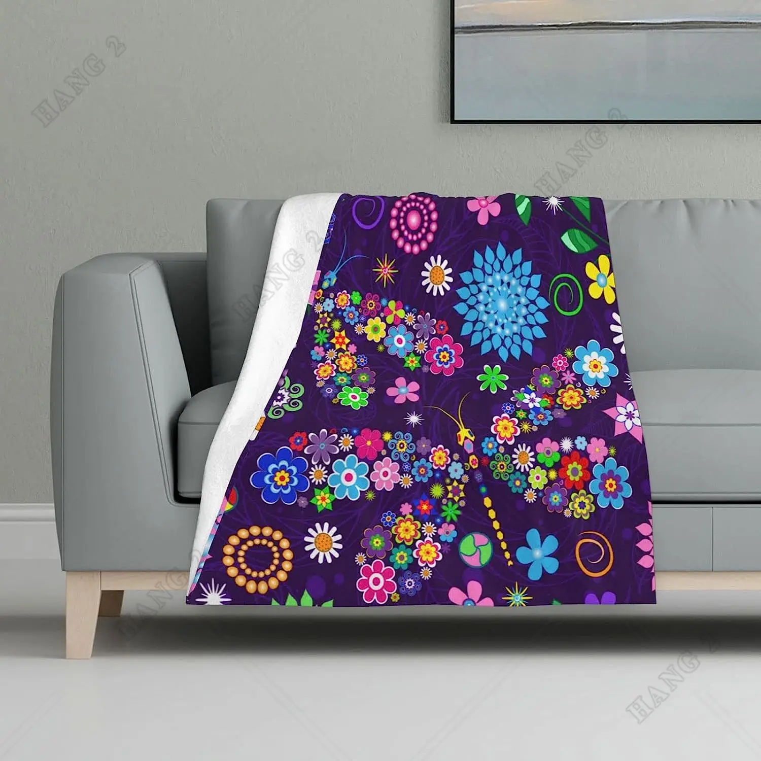 

Purple Stylized Dragonflies and Flowers Throw Blanket for Bed Couch Sofa Travelling Soft and Warm Blanket