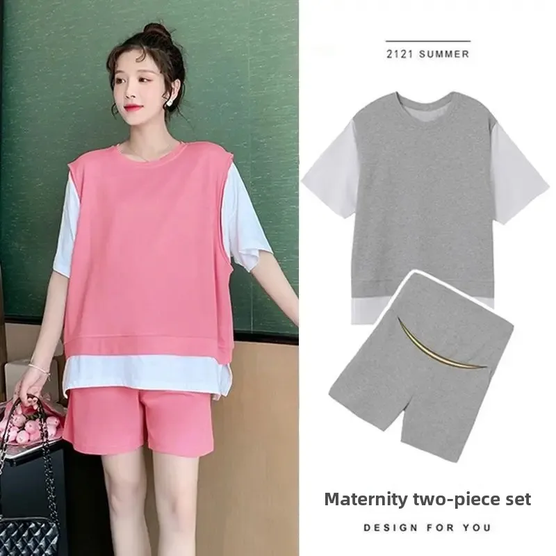 Maternity Summer Short Sleeve T-Shirt Sports Outfit Two-Piece Set Home Clothes Top Belly Support Shorts Set for Pregnant Women