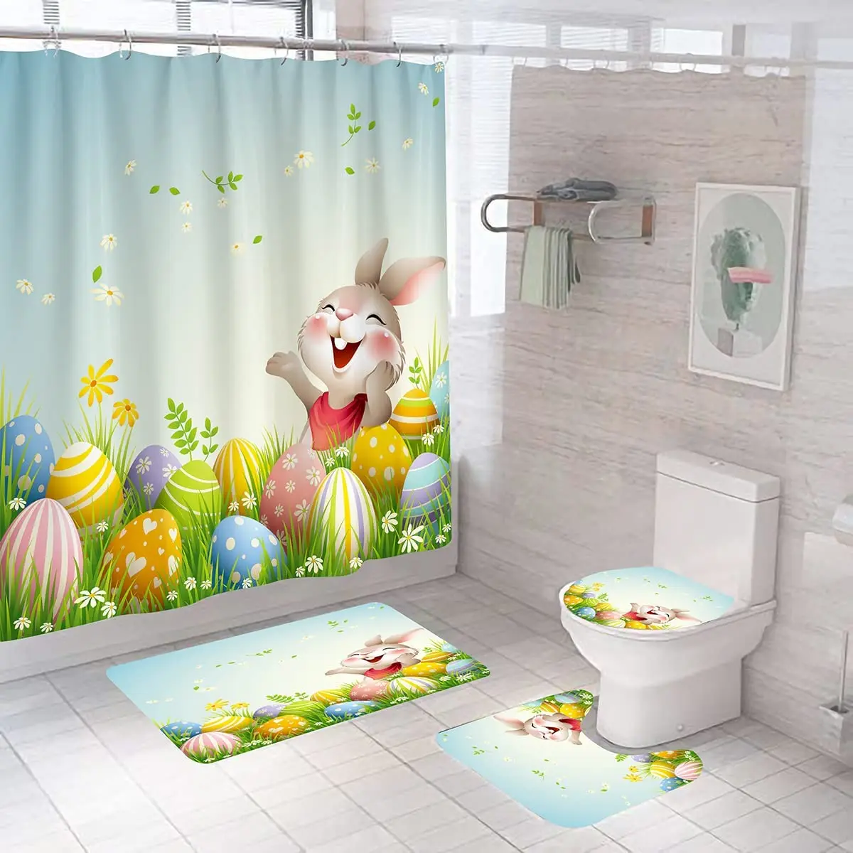 Easter Shower Curtains Funny Rabbit Spring Colorful Eggs Bath Curtain