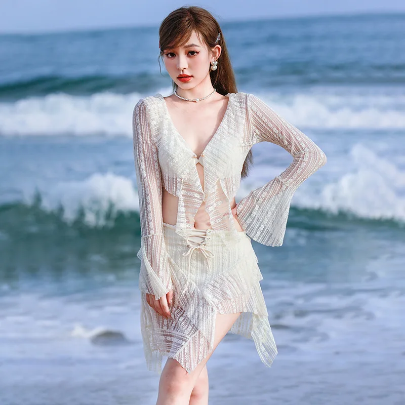 2024 Korean Style Swimwear 3 Piece Swimsuit Mesh Cardigan And Bikini Set Summer Beach Wear Swimsuit Dress Set With Cover Up
