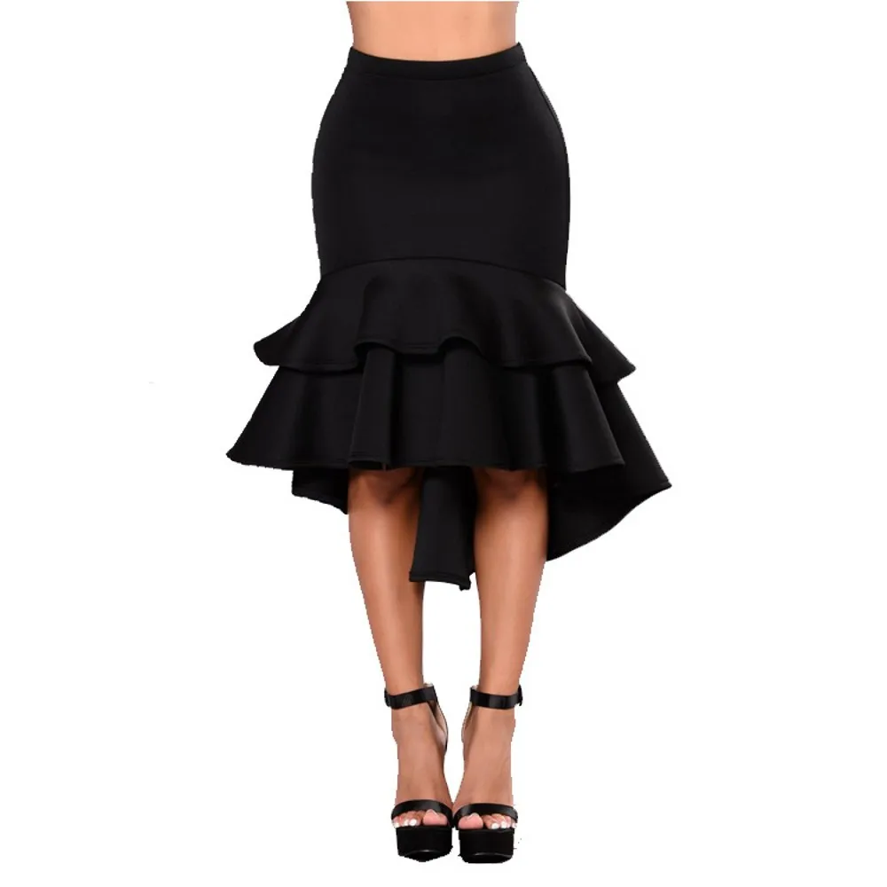 Sexy Fishtail Skirt Black Slim Ladies Skirt Spring Fashion Loose Mid Length Skirt Irregular Stitching Ruffled Hip Pencil Skirt