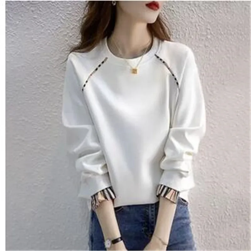 Thin Pure Cotton Sweatshirt Women Spring Autumn Korean Version Hatless Pullover Long Sleeve Round Neck Fake Two Piece Top women s new summer korean version solid color off shoulder cake layer neck hanging fashion loose thin style sling chiffon tops