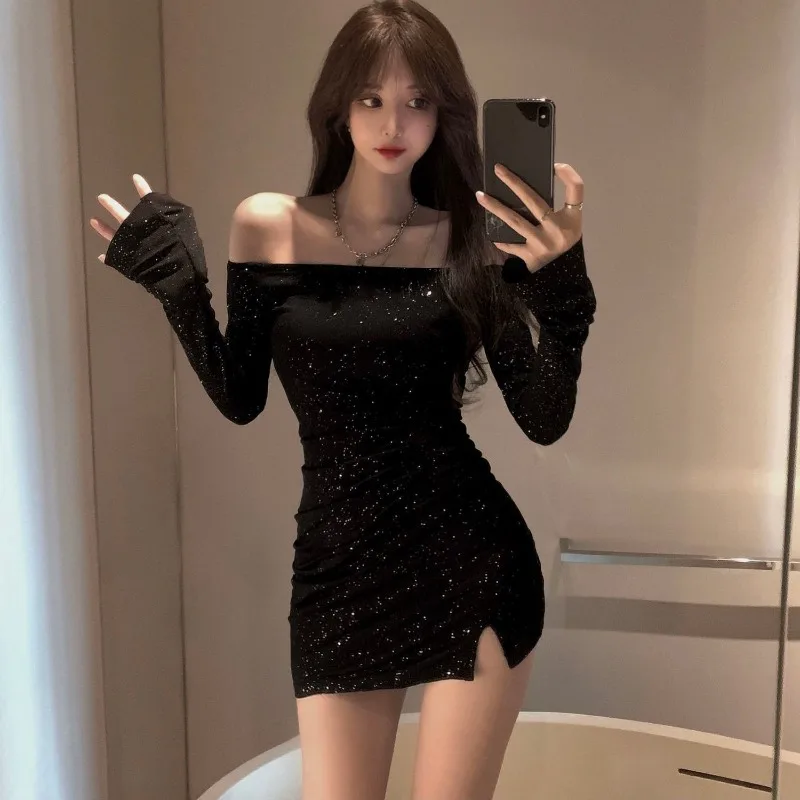 여성용 원숄더 원피스, 다이아몬드 긴팔, 불규칙한 가방, 섹시한 핫타이 힙 스커트, 용수철 및 가을 블랙 스커트 