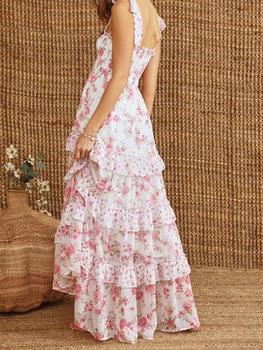 Elegant Sleeveless Floral Print Maxi Dress with Tiered Ruffle Detail and Adjustable Tie-Shoulder Straps for Women 3