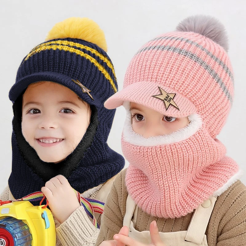 Winter Baby Children Cute Knitted Plush Scarf Hat Twopiece Double