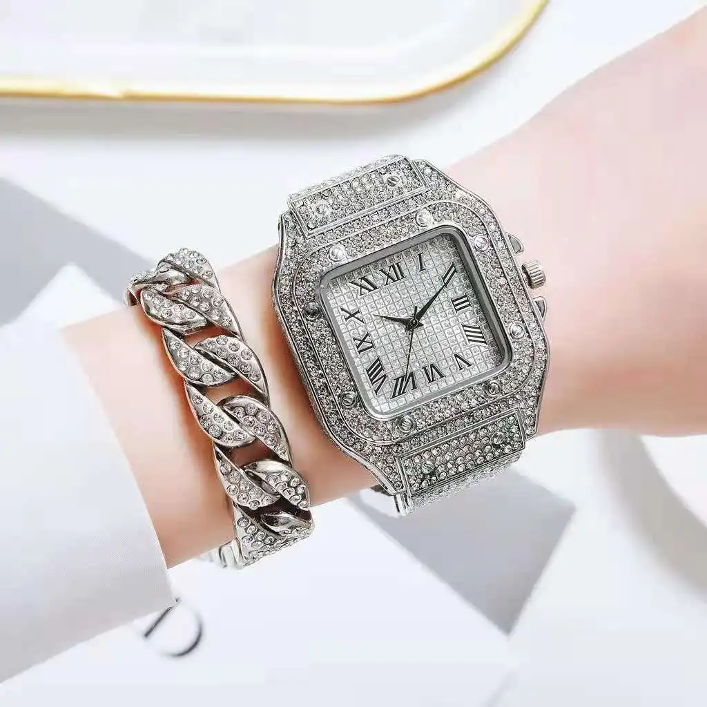 2PCS Luxury Watch for Women Gold Cuban Chains Bracelets Iced Out Watch Bing Hip Hop Mens Watch Set Jewelry Diamond Watch Women
