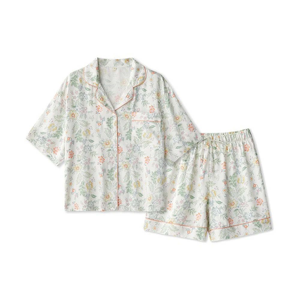 SXTHAENOO 2023 Summer New Women's Pajama Set 100% Cotton Short Sleeve+Capris Two Piece Set for Large Flower Thin Home Furnishing