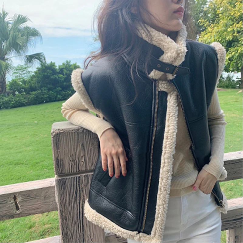 Autumn High Quality Pu Women's Faux Leather Fashion Lapel Imitation Lamb Vests Woman Loose Sleeveless Locomotive Style Women Top best winter jackets