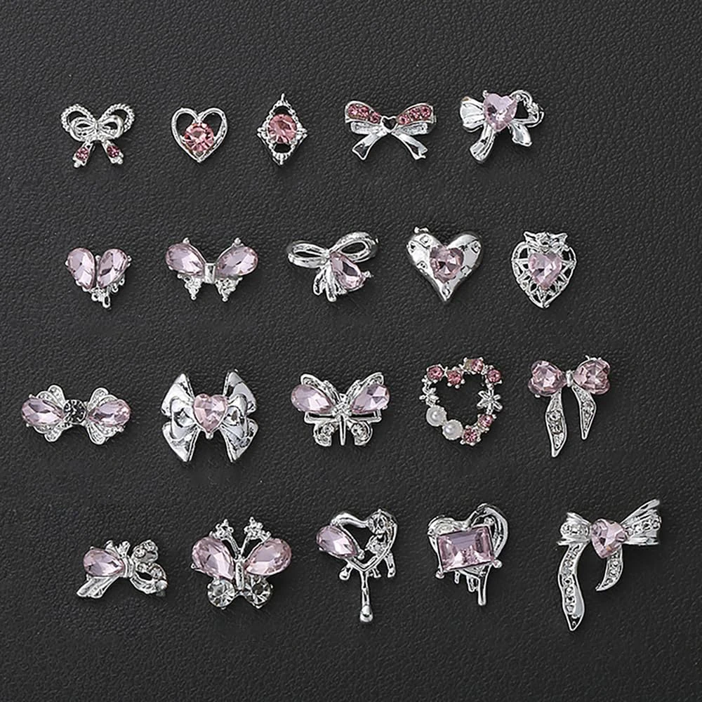 10Pcs Zircon Pink Nail Art Charms 3D Luxury Bow Heart Butterfly Inlaid Pink Diamond Rhinestone Decoration DIY Manicure Parts 3