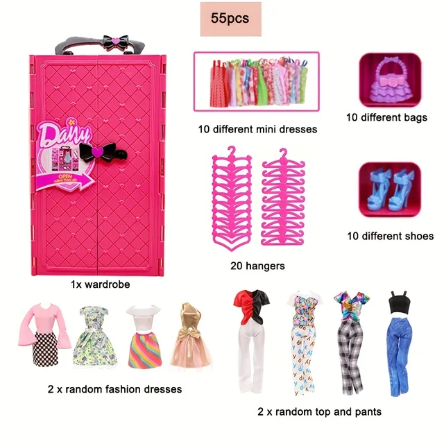 Diy Doll Clothes Hangers Barbie Doll Hanger 55PCS Wardrobe Set
