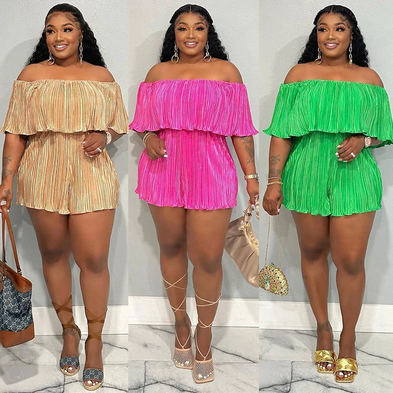 

Women Solid Pleated Jumpsuits 2023 New Off The Shoulder Ruffle Sleeve One Piece Overall Rompers Sexy Nightclub Party Outfit Play