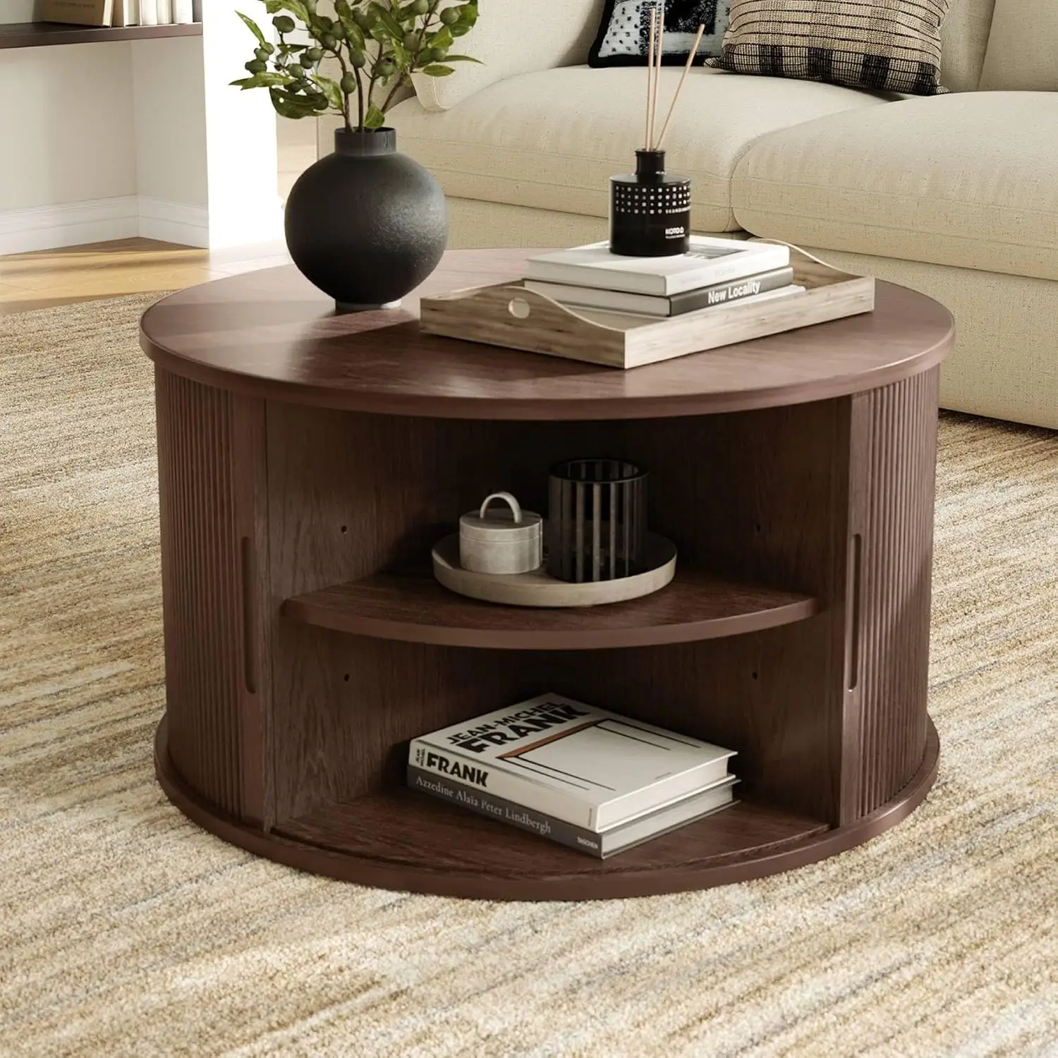 31.5" Drum Coffee Table with Sliding Tambour Door, Fluted Accent Center Table with Storage, Mid Century Modern Coffee Table 2