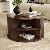 31.5" Drum Coffee Table with Sliding Tambour Door, Fluted Accent Center Table with Storage, Mid Century Modern Coffee Table 2