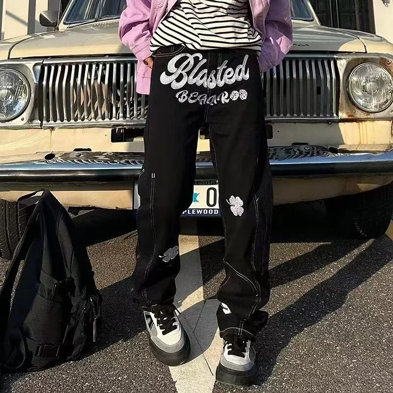 

American Tide Brand Fog High Street Jeans Letter Embroidery Loose Pants Women Spring Autumn Vibe Style Hip Hop Straight Pants