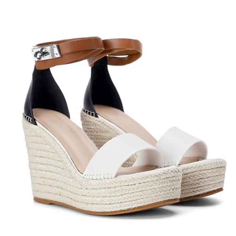 

Open Toe Wedge Ladies Sandals Ankle Buckle Strap High Heels Round Head Leather Female Pumps Woven Heel Casual Shoes For Women