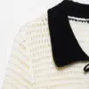 Classic Cardigan Black Beige Contrast Color Turn Down Collar Short Sleeves Bow Lace Up Women Slim Knit Sweater 3