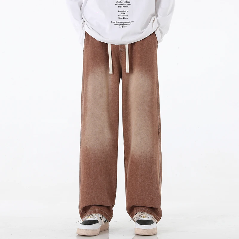 

Spring Men Baggy Vintage Washed Jeans Elastic Waist Drawstring Cargo Denim Pants Fashion Casual Trousers Male Designer Clothing