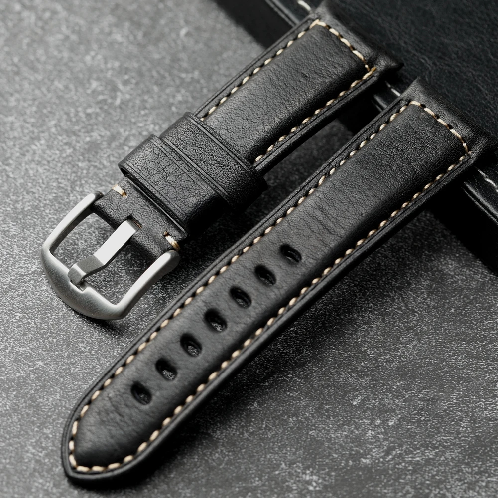 Handmade Retro Black Leather Watchband - Head Layer Cowhide Strap