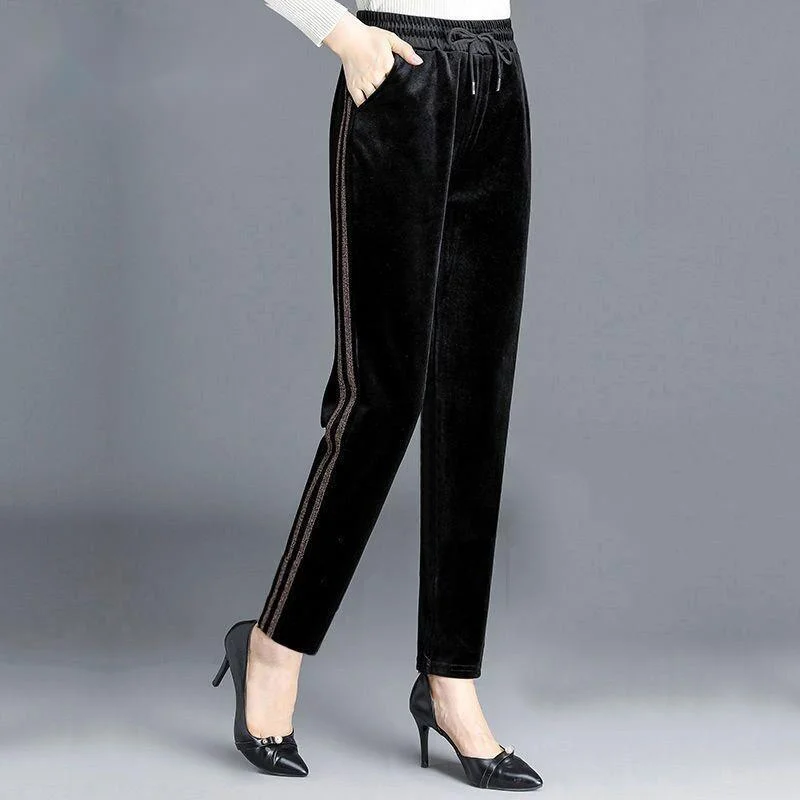 

Middle-aged Women Gold Velvet Straight Pants 2024 Autumn Winter Loose Solid High Waist Pants Warm Thicken Trousers 4XL