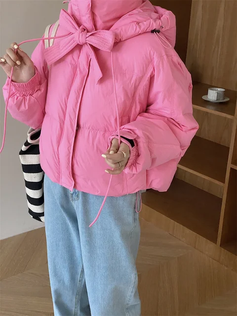 Korean Winter Sweet Pink Cotton-Padded Jacket Korea Chic Long Sleeve Warm Lace up Short Coat Solid Bow Overcoat Outerwear 2023 Cheap Product Recommendation